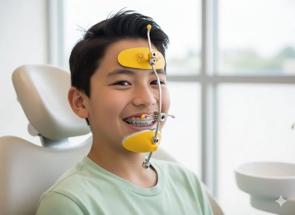 Child with braces smiling at the dentist’s office, facing slightly to the right with a cheek retractor in place - Reverse Pull Headgear Braces in Prosper, TX